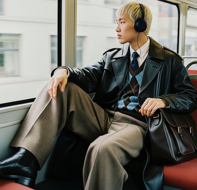Abrigo de cuero negro estilo trench, suéter marrón y azul con patrón, pantalones beige de pierna ancha, botines negros, sosteniendo un bolso marrón, con auriculares puestos.