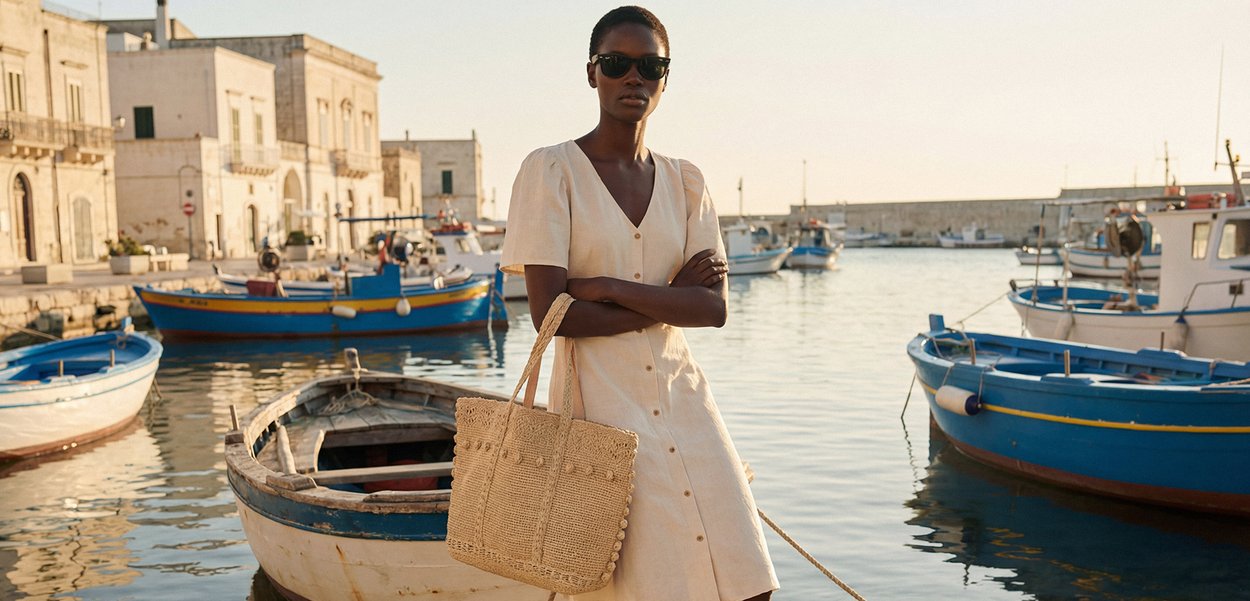 Beežist linast kleiti lühikeste varrukatega ja nööpidega ees, kombineeritud punutud riidest kotiga. Taustal kai ja värvikirevad kalapaatide.