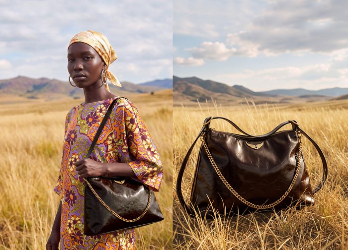 Femme en robe colorée et foulard tient un sac à main brun foncé brillant avec une chaîne dorée dans un champ d'herbe dorée avec des collines lointaines sous un ciel nuageux.