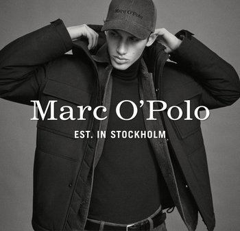 Czarna pikowana kurtka z wieloma kieszeniami, noszona na czarnym golfie. Modelka ma na sobie także szary kapelusz z logo "Marc O'Polo".