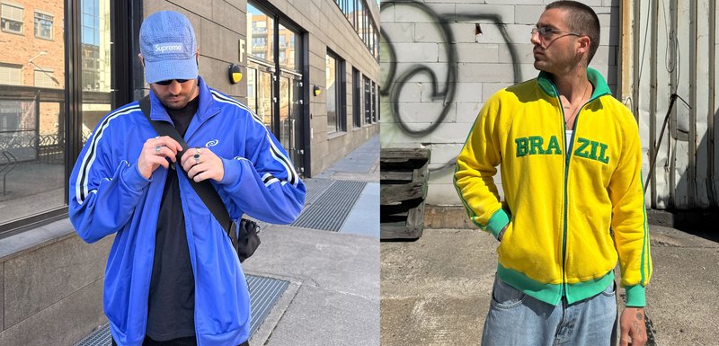 Veste de survêtement bleue zippée avec des rayures blanches, portée sur un t-shirt noir. Veste en polaire jaune avec l'inscription "BRAZIL" verte et des accents assortis.