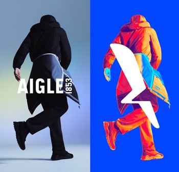 Veste noire et pantalon avec des accents gris ; schéma de couleurs audacieux bleu et orange ; pose dynamique ; éléments de marque visibles.