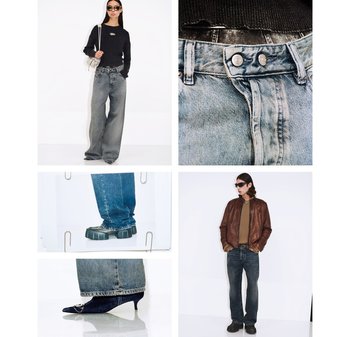 Woman and man modeling faded jeans with different footwear; close-ups of jeans' waist buttons and shoe details on white background.