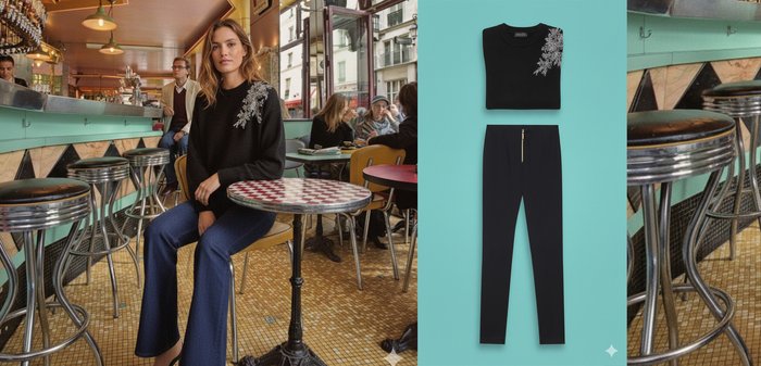 Pull noir avec broderie florale sur l'épaule, associé à un jean en denim bleu évasé. Le décor comprend un café coloré et un sol carrelé.