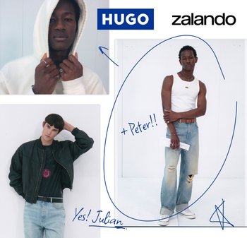 Drei männliche Models in lässigen Outfits; einer in einem weißen Hoodie, einer in einer schwarzen Jacke und einem T-Shirt, und einer in einem weißen Tanktop mit zerrissenen Jeans.