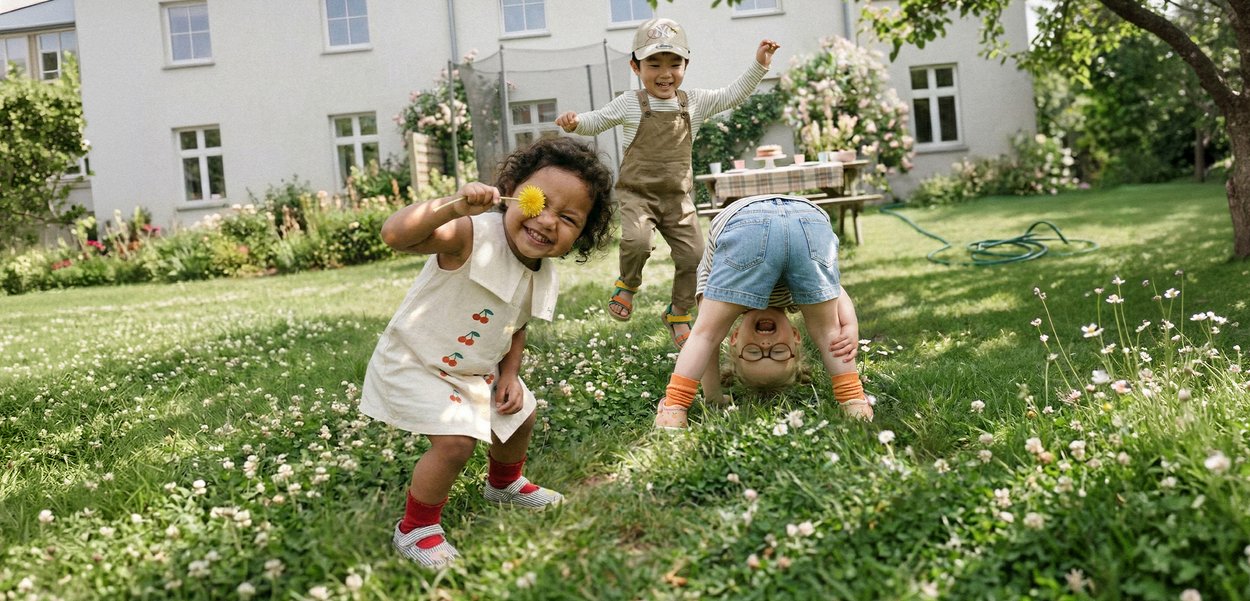 Tres niños jugando y sonriendo en el césped del jardín; uno sostiene una flor amarilla, otro salta y el tercero se agacha.