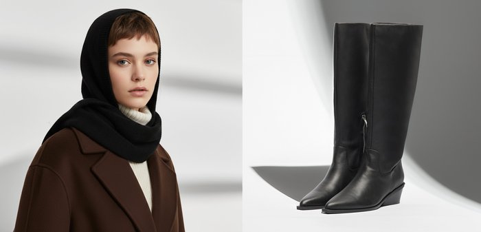 Jongere die een zwarte capuchon sjaal, een bruine jas en een crèmekleurige coltrui draagt, rustig naar de camera kijkt tegen een effen achtergrond.