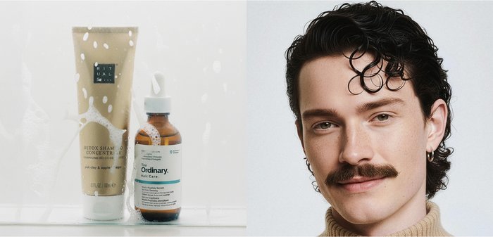 En gyllene squeeze-tub med etiketten "RITUAL" bredvid en brun glasflaska med pipett, märkt "The Ordinary." Båda står mot en tvålig bakgrund.