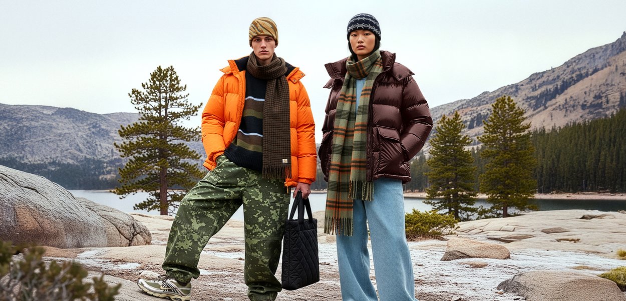 Zwei Models stehen auf felsigem Gelände an einem See. Die linke trägt eine orangefarbene Steppjacke, Tarnhosen und eine schwarze Tragetasche. Die rechte trägt eine braune Steppjacke, einen grünen karierten Schal und hellblaue Hosen.