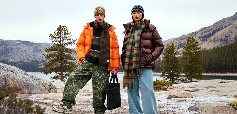 Deux mannequins se tiennent sur un terrain rocheux au bord d'un lac. Celui de gauche porte une doudoune orange, un pantalon camouflage et un sac cabas noir. Celui de droite porte une doudoune marron, une écharpe à carreaux verts et un pantalon bleu clair.