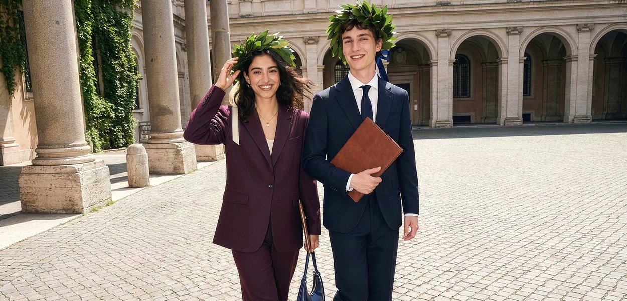 Due laureati giovani con corone d'alloro, vestiti con abiti formali, che camminano fuori da un edificio storico, sorridendo e tenendo documenti in mano.