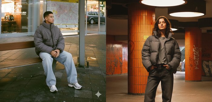 Geacă puff gri cu guler înalt, blugi albaștri largi și adidași albi. Stând pe o bancă din lemn într-un mediu urban la stația de autobuz.