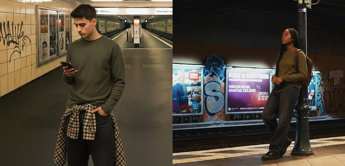 Pulover verde texturat, blugi negri, cămașă în carouri legată în jurul taliei. Cadru într-o stație de metrou cu pereți placați și platformă.