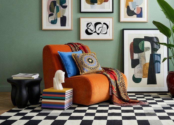 Πορτοκαλί επενδεδυμένη καρέκλα με μαξιλάρια και ριχτάρι με σχέδιο, μαύρο πλαϊνό τραπεζάκι, πολύχρωμο έργο τέχνης σε πράσινο τοίχο, χαλί σκακιέρα και μεγάλο φυτό σε κόκκινη γλάστρα.