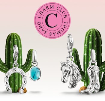 Four silver western-themed charms—horseshoe with diamonds, turquoise stone, detailed horse head, and cowboy boot—displayed with green cacti.