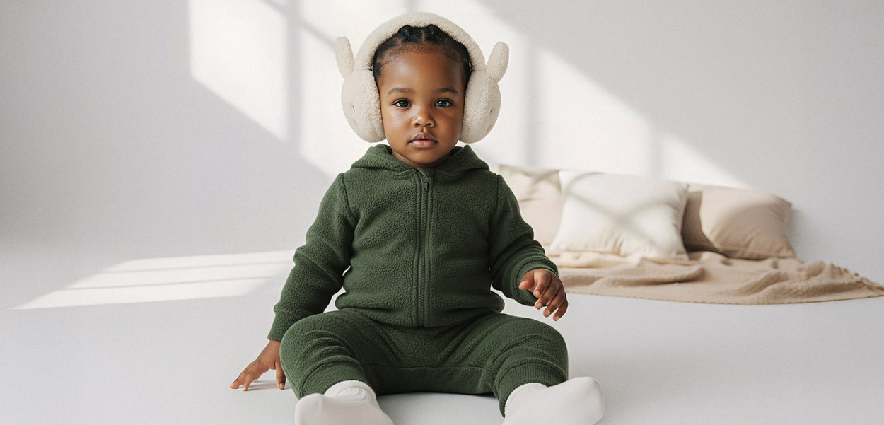 Tout-petit à la peau brune portant une combinaison en polaire verte et des cache-oreilles beiges, assis sur un sol blanc dans une pièce lumineuse et minimaliste avec des coussins beiges.