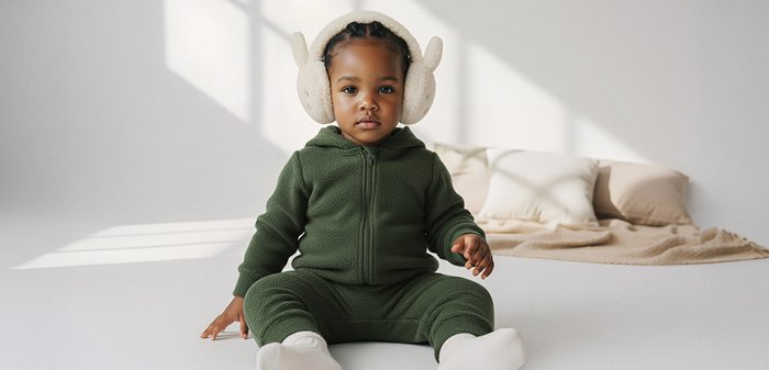 Tout-petit à la peau brune portant une combinaison en polaire verte et des cache-oreilles beiges, assis sur un sol blanc dans une pièce lumineuse et minimaliste avec des coussins beiges.