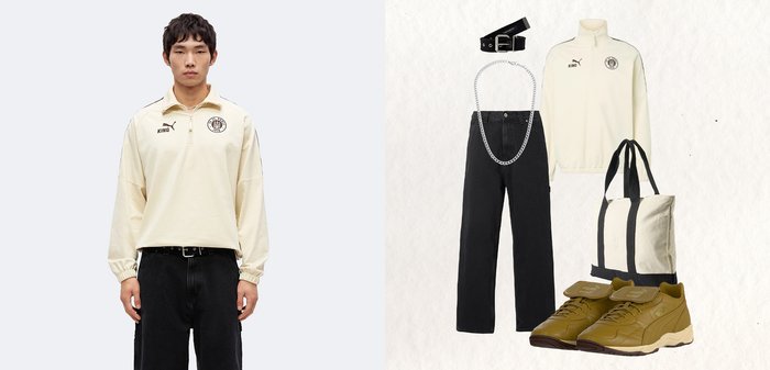 Homme porte un pull crème, un pantalon noir et une ceinture noire ; la tenue assortie comprend un pull crème, un pantalon noir, une ceinture, une chaîne, un sac cabas et des baskets olives.