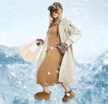 Beiger langer Mantel, gerippetes braunes Kleid, Handschuhe und Mütze mit Leopardenmuster, fuzzy beige Tasche, braune Plateauboots, vor eisigem Hintergrund.