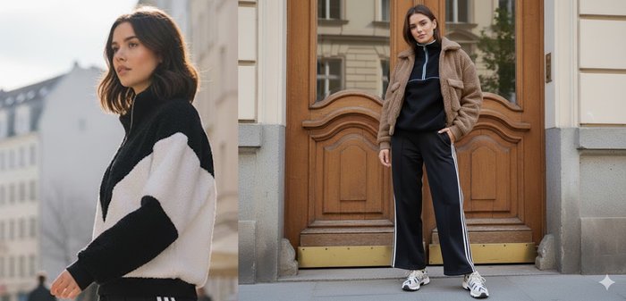 Μαύρο και άσπρο φλις πουλόβερ με ψηλό γιακά, σε συνδυασμό με καφέ υφασμάτινο μπουφάν, μαύρο παντελόνι με άσπρες ρίγες και αθλητικά παπούτσια.