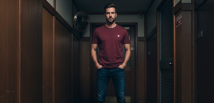 Donkerrood T-shirt met korte mouwen en een subtiel logo, blauwe spijkerbroek en bruine enkellaarzen. De achtergrond heeft houten muren en een spiegel.