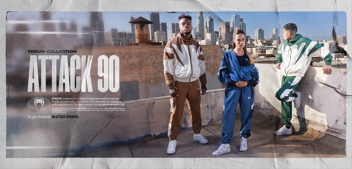 Drei Personen tragen sportliche Trainingsanzüge: braun und weiß, blau sowie grün mit weißen Akzenten. Im Hintergrund eine städtische Skyline. Rauhe Oberfläche darunter.