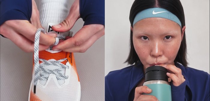 Chaussure de sport avec mesh blanc et accents orange ; personne buvant d'une bouteille en acier inoxydable teal, portant un bandeau bleu et une veste.