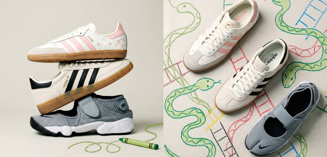 Three stacked sneakers in white, pink, black, and gray next to green crayon; same shoes placed on colorful snakes and ladders board drawing.