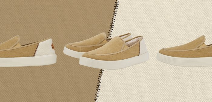 Des chaussures slip-on en toile beige avec un accent texturé blanc au talon. Elles présentent une semelle en caoutchouc blanc épais et des coutures marron contrastantes.