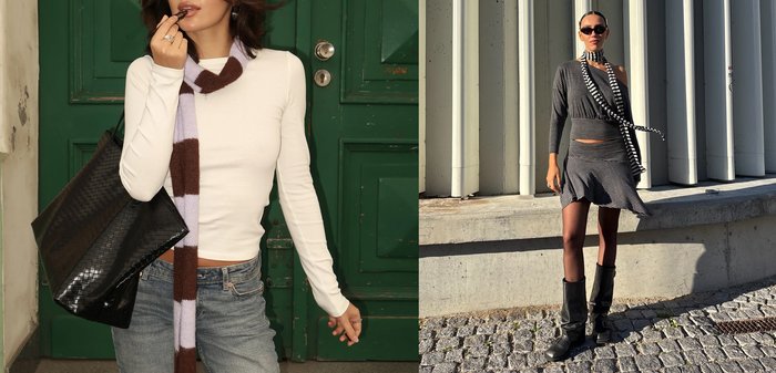 Twee vrouwen tonen mode stijlen: de ene brengt lippenstift aan terwijl ze een witte top en sjaal draagt, de andere poseert buiten in een gestreepte jurk en laarzen.