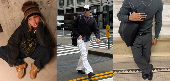 Muž kráčející po ulici v černém kardiganu, bílých kalhotách a kšiltovce; muž opřený uvnitř, oblečený ve šedých kalhotách, černých botách a s plátěnou taškou.