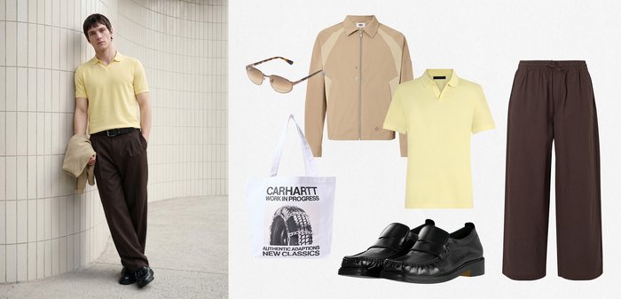 Homme en polo jaune, pantalon foncé, chaussures noires, tenant une veste beige ; la tenue comprend une veste beige, des lunettes de soleil, un sac fourre-tout et des mocassins noirs.