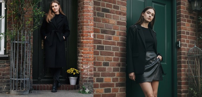 Palton negru din lână cu o curea de legat; asortat cu pantaloni negri. Al doilea look prezintă un sacou negru cu umeri cu ținte și o mini-fustă din piele.