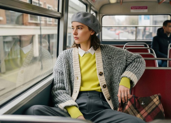 Πλεκτή γκρι ζακέτα με κρέμ περιθώριο, πράσινο πουλόβερ και λευκό γιακά; γκρι μπερέ; κρατά μια τσάντα με σχέδια; καθισμένη σε λεωφορείο με θέα από το παράθυρο.