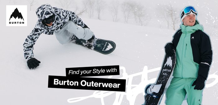 Snowboarder che scia sulla neve con abbigliamento in bianco e nero, accanto a una persona sorridente con giacca turchese e nera che tiene uno snowboard Burton.