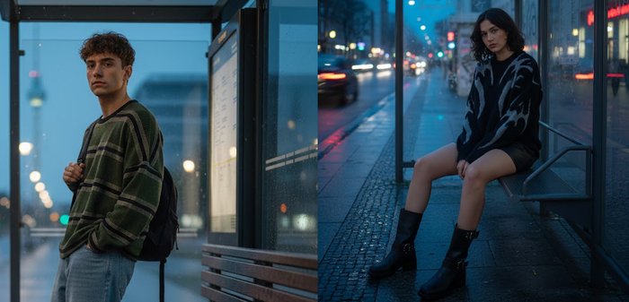 Jeune femme portant un pull noir et gris et des bottes, assise sur un banc d'arrêt de bus au crépuscule, avec une rue de la ville et un trafic flous en arrière-plan.