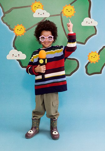 Παιδί με σγουρά μαλλιά, φοράει γυαλιά ηλίου και ριγέ πουλόβερ, κρατάει ένα μικρόφωνο και δείχνει προς έναν χαμογελαστό ήλιο σε έναν πολύχρωμο χάρτη καιρού.