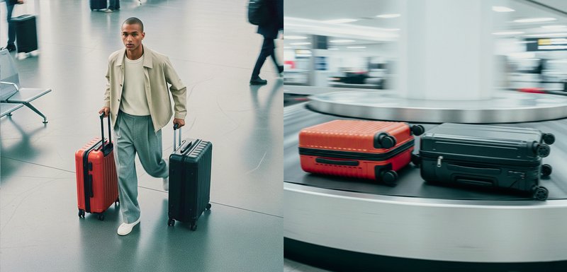 Deux valises à roues, l'une rouge avec des nervures et l'autre noire avec une texture lisse, sur un tapis roulant à bagages ; une personne tient des bagages dans un aéroport.