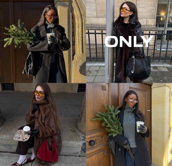 Vier afbeeldingen tonen vrouwen in wintermode. Belangrijke items zijn donkere wollen jassen, zonnebrillen, gestructureerde nepbont en leren tassen met diverse accessoires.