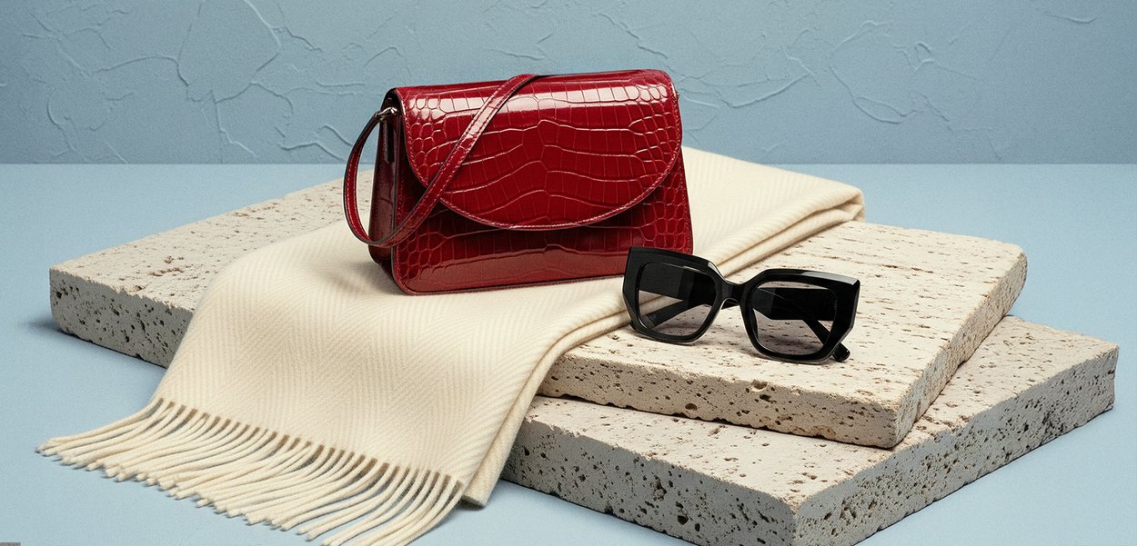 Rote Handtasche mit Krokodilprägung und Klappverschluss, cremefarbener Fransen-Schal und schwarze, eckige Sonnenbrille auf strukturierten Steinplatten.