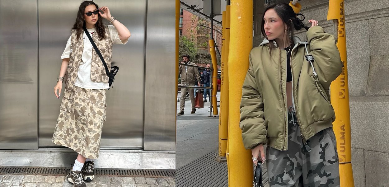 Kaksi asua: Vasemmalla on beigen värinen camouflage-liivi ja hame, jotka on yhdistetty valkoisiin sukkiin ja tummiin lenkkareihin. Oikealla on oliivinvihreä pommitakki harmaiden camouflage-housujen kanssa.