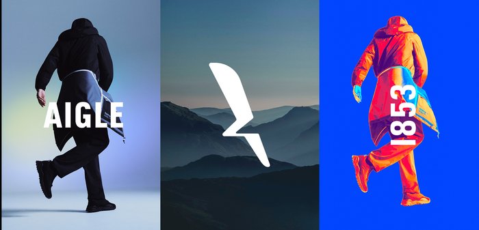 Homme en bottes de randonnée et veste noires à gauche, logo stylisé blanc sur fond de montagne au centre, homme en tenue orange avec le numéro 1853 à droite.