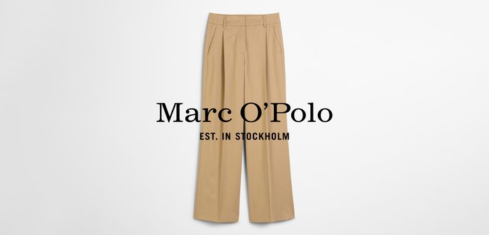 Beżowe spodnie o kroju eleganckim z wysokim stanem, z wyraźnymi zakładkami i gładką teksturą, zaprojektowane przez Marc O’Polo.