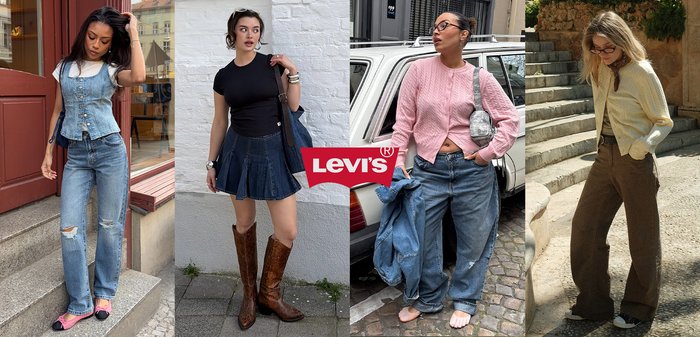 Vier Frauen tragen verschiedene Levi’s Denim-Stile kombiniert mit legeren Oberteilen und Stiefeln oder Schuhen und stehen in städtischen Außenbereichen.