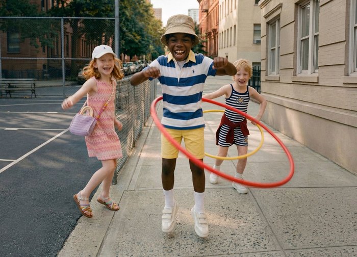 Trois enfants jouent dehors sur un trottoir, un garçon saute avec un hula hoop, deux filles sourient et se tiennent à proximité.