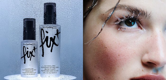 Deux bouteilles transparentes de spray fixateur MAC Fix+, une grande et une petite, avec des pompes noires, un texte noir en gras et des gouttelettes d'eau sur la surface.