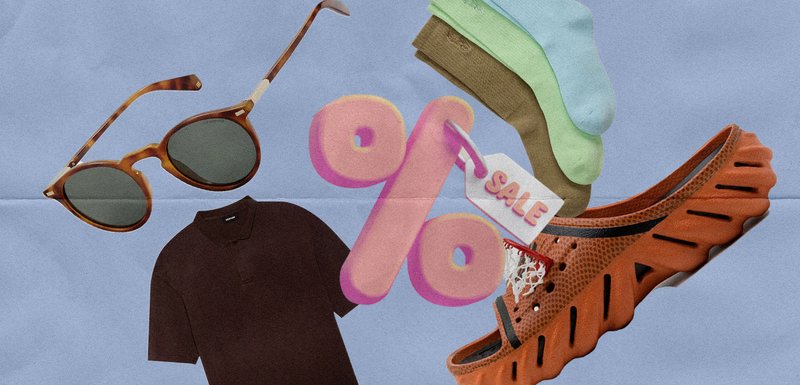 Lunettes de soleil avec des montures écaille de tortue ; un polo noir ; des chaussures en maille orange ; des chaussettes marron, vertes et bleues ; symbole de pourcentage promotionnel et étiquette de vente.