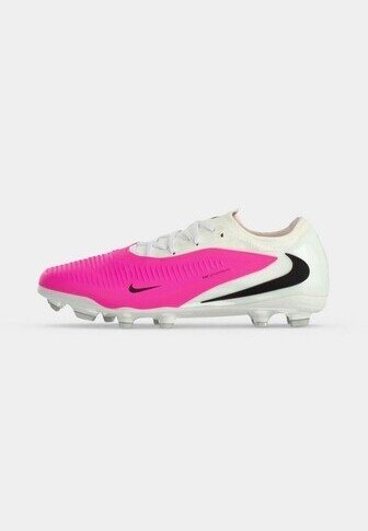 Pink and white soccer cleat with black Nike swoosh logo, lace-up closure, and molded studs for traction, viewed from the side on a plain background.