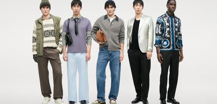 Πέντε άτομα με διαφορετικές ενδυμασίες: ένα πλεκτό πουλόβερ, ένα σακάκι, κανονικό παντελόνι και πουκάμισα με σχέδια σε απαλούς και έντονους χρωματισμούς με ποικίλες υφές.