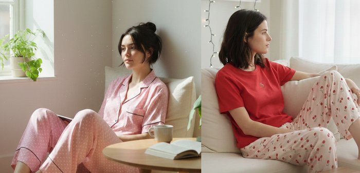 Δύο γυναίκες με πιτζάμες κάθονται μέσα κοντά σε παράθυρα, η μία κρατάει βιβλίο και κούπα, και οι δύο κοιτούν έξω με σκυθρωπή έκφραση.